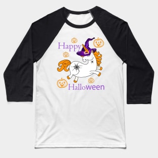 Enchanted Halloween: a baby unicorn in a wizard's hat with a spider web tattoo and a spider earring, against a Jack-o'-Lanterns background Baseball T-Shirt